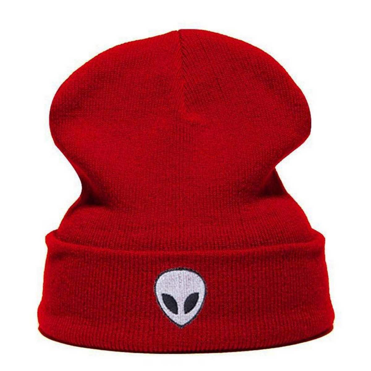 【BestGO】Fashion Trend Street Spring Autumn Winter Cool Guy Alien Embroidered Cuffed Beanie Skully Patch Knit Hat Winter Cap