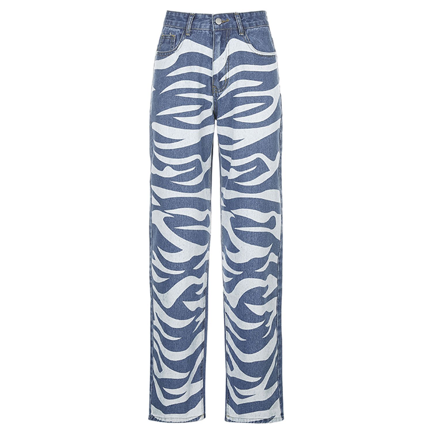 Women Wide Leg Jeans, Casual High Waist Zebra Print Relaxed Fit Long Denim Pants