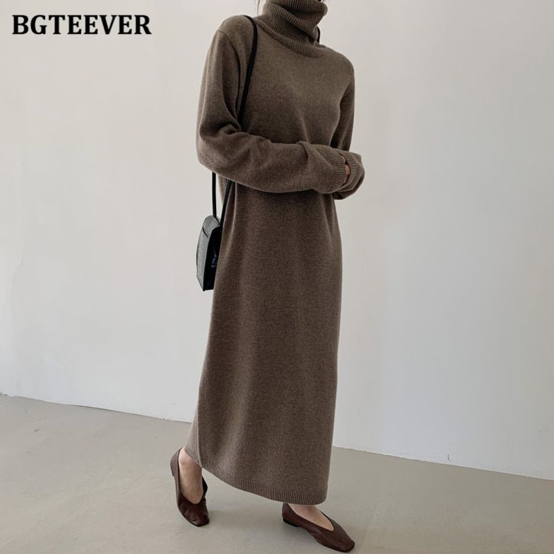 BGTEEVER Casual Thicken Warm Women Knitted Dress Full Sleeve Loose Turtleneck Female Sweater Dresses 2021 Autumn Winter Vestidos