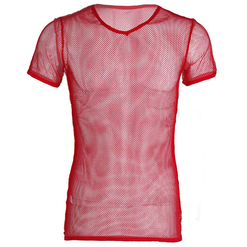 Men Mesh See Through T-Shirt Fishnet Clubwear Short Sleeve Top Undershirt