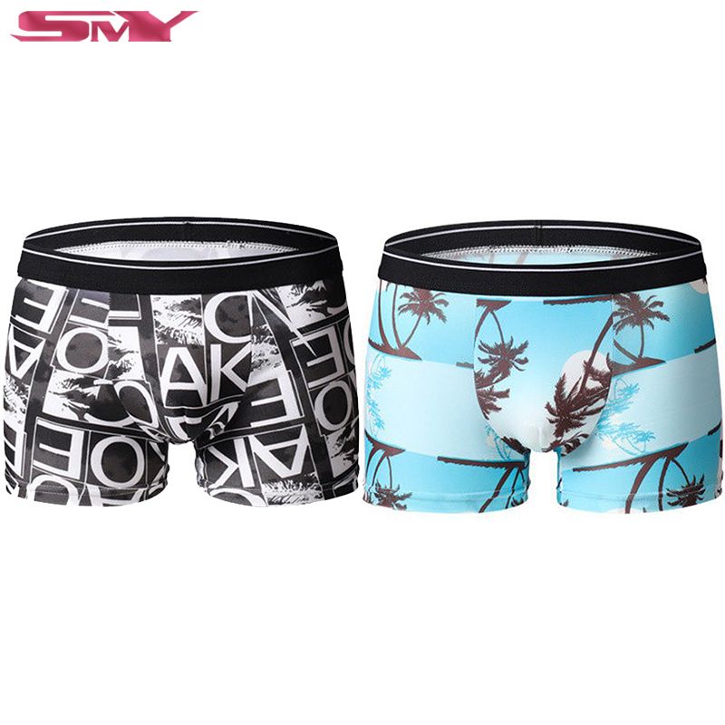 SMY 2Pcs Ice Silk Men Underwear Breathable Soft Men's Boxer Print Design Boy Pants