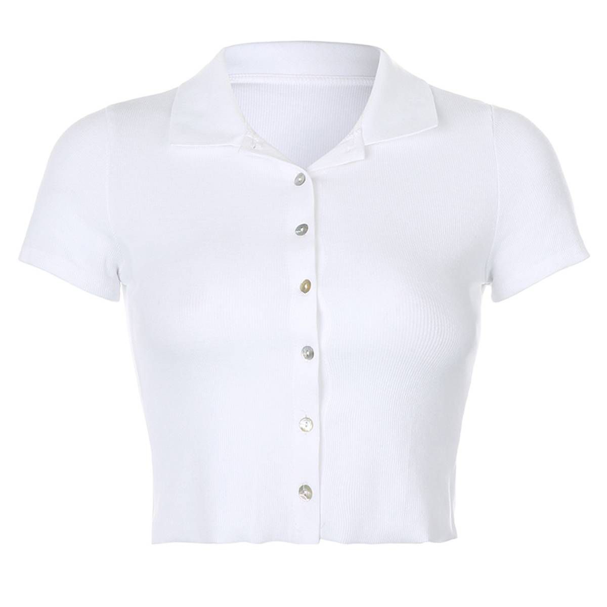 Women's  Crop Top, Short Sleeve Lapel Button Down Slim Fit Knitted T Shirt for Summer