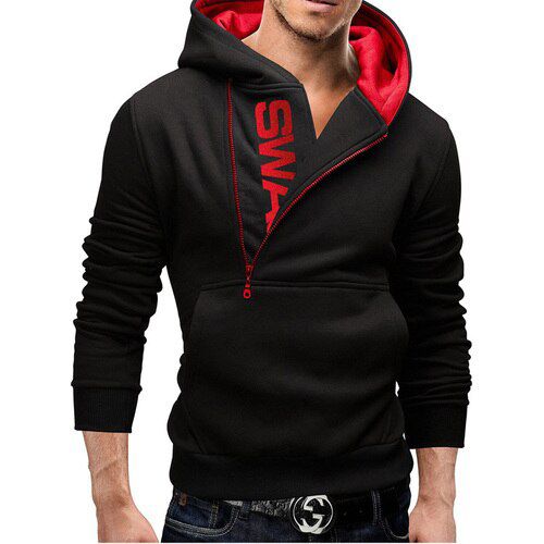 Spring And Autumn Man Letter Fleece Hooded Sweatshirt Patchwork Color Plus Side Zipper Hoodies