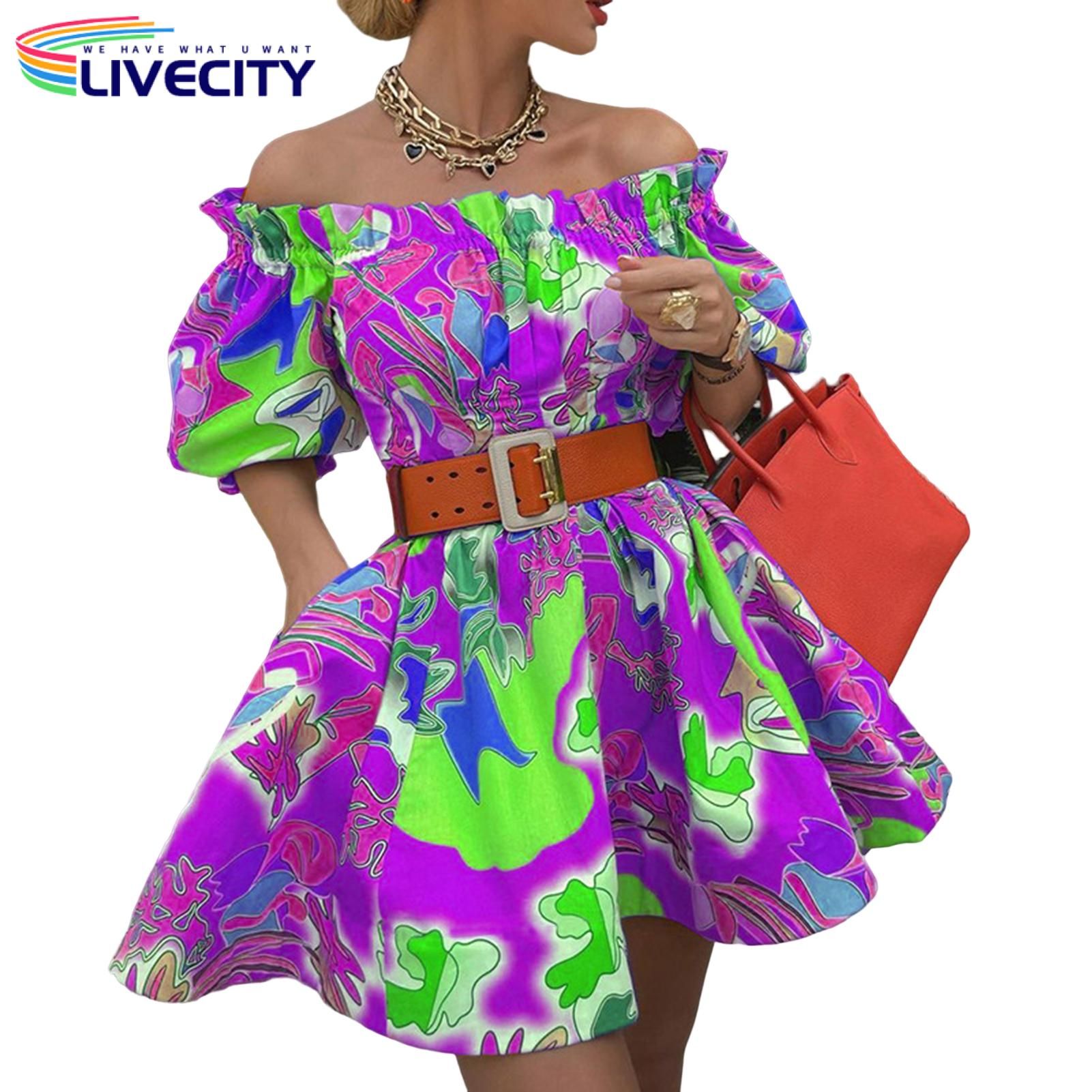 Short Dress High-Waist Fashionable Print Off Shoulder Lady Summer Dress