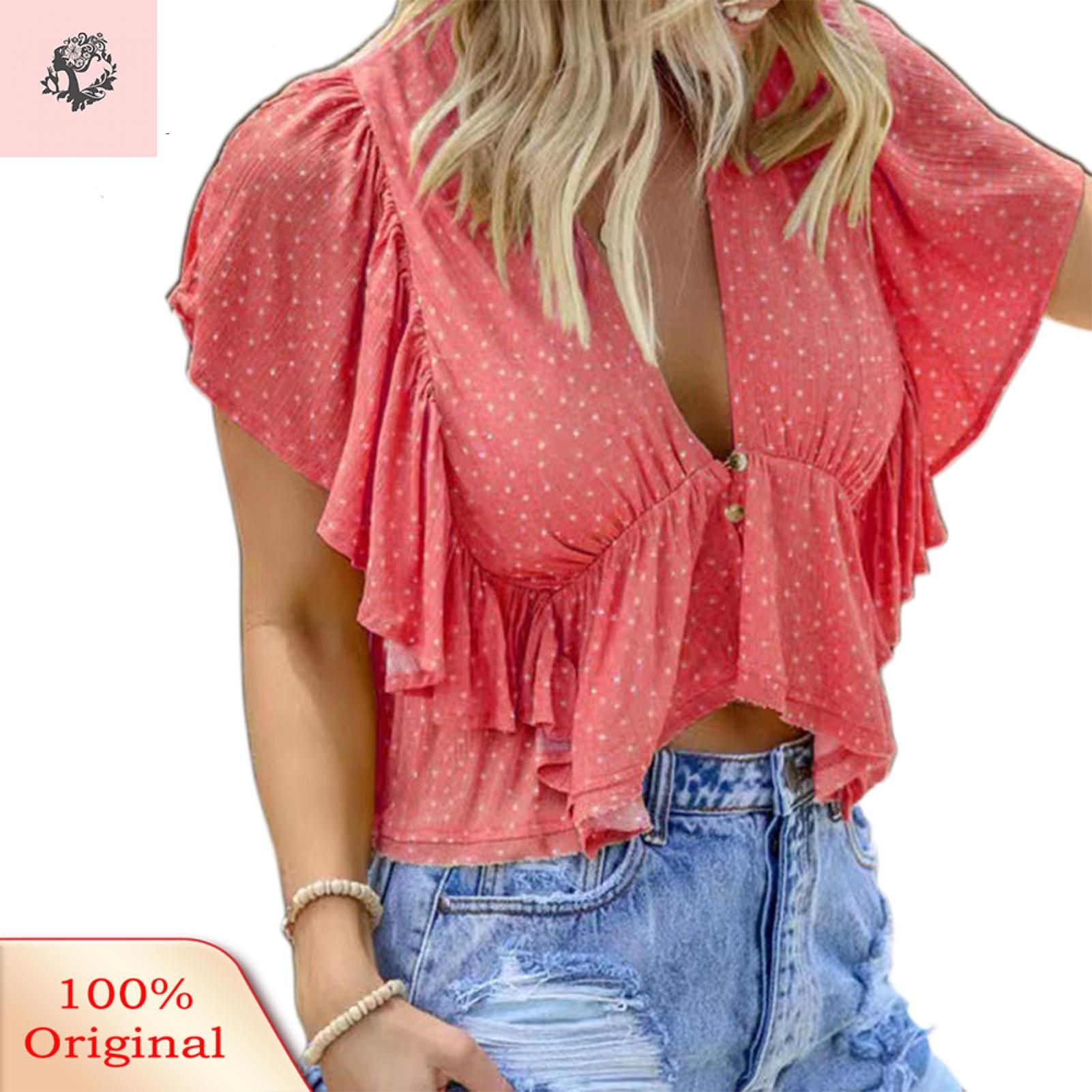 Sunnyheart Women Crop Top Solid Color Pleated Butterfly Sleeves Shirt