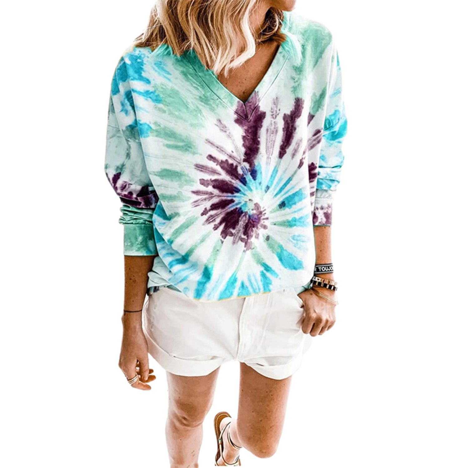 Women Tie-dye T-shirt, Autumn and Winter Casual Style Long Sleeve V-neck Pullover