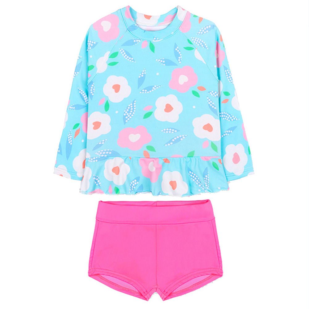 GC 2pcs Kids Girls Long Sleeve Split  Swimsuit Tops + Pantskirt/boxer Quick-drying Two Piece Set Swimming Suits Bathing Clothes color