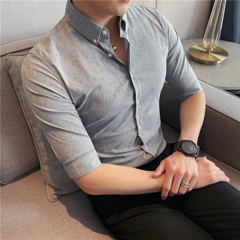 British Style Summer Dark Stripes Shirts Men Tuxedo Half Sleeve Simple Slim Fit Business Formal Wear Office Blouse Homme 4XL-M