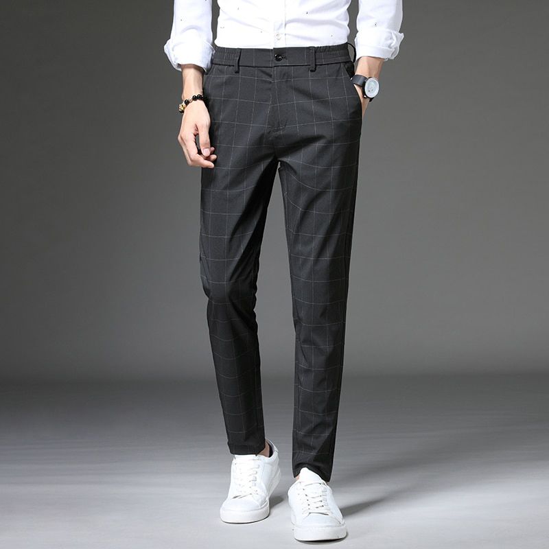 Fashion Men Pants Straight Long Classic Business Summer Thin England Stripe Plaid Casual Full Trousers Male