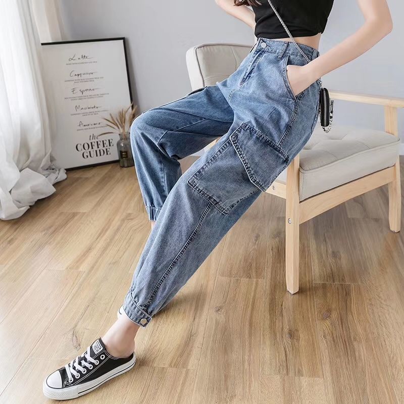 Jeans Women's New Loose Thin Section High Waist Cropped Pants Big Pockets Jeans For Women