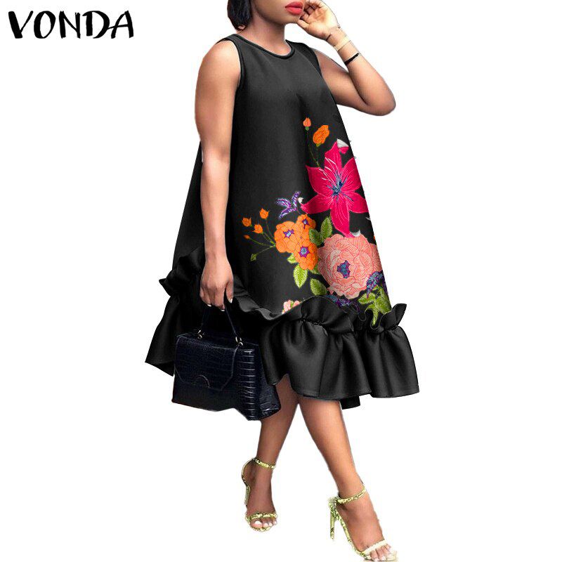 Women Elegant Midi Dress Summer Party Long Dresses 2021 VONDA   Sleeveless Fashion Beach Floral Print Ruffled Tank Vestidos