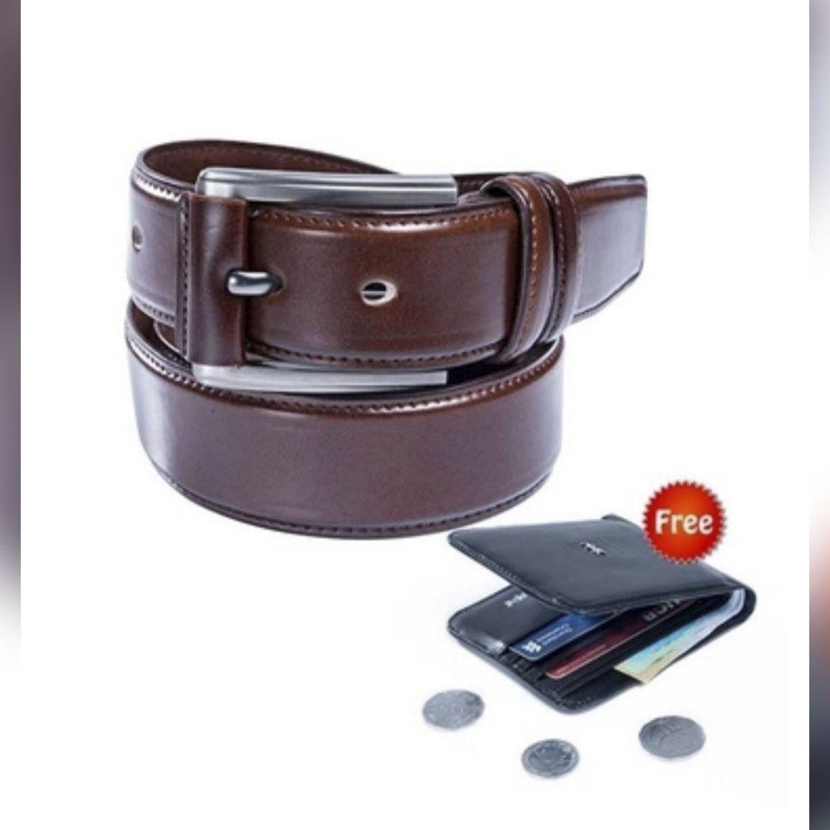 Chocolate Artificial Leather Belt And Artificial Leather Wallet For Men.