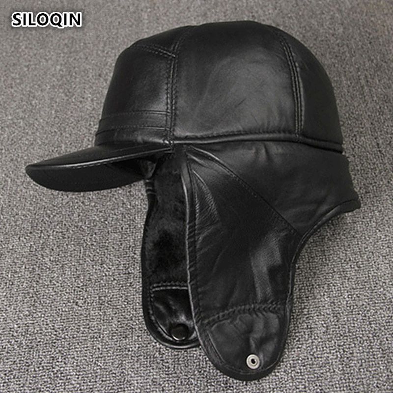 SILOQIN Leather Hat High Quality Sheepskin Military Male Bone Middle Aged Earmuffs Keep Warm Flat