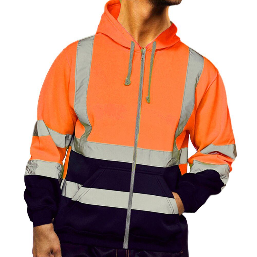 Reflective Stripe Hoodie Men Long Sleeve Zipper Hooded Sweatshirt Spring Autumn Safety Workwear Outwear with Pockets M-4XL