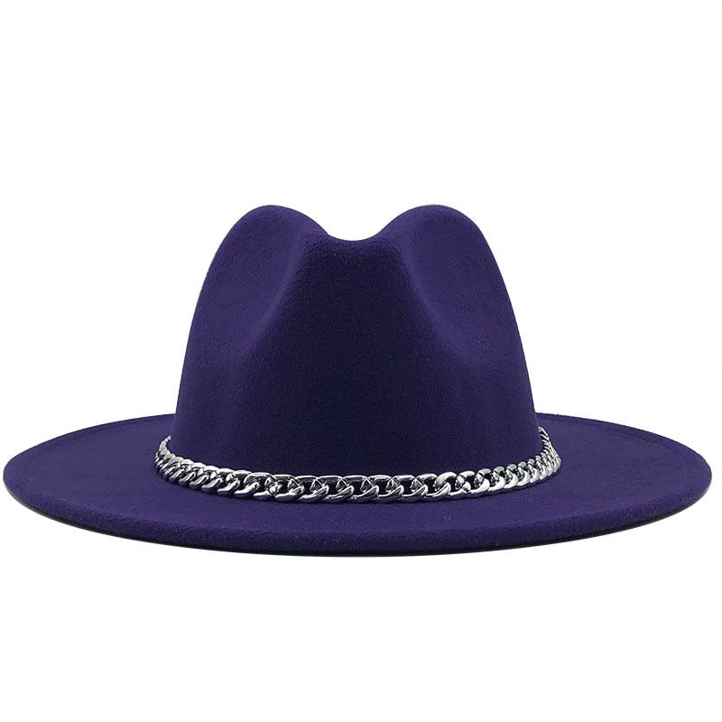 2020 New Quality Wide Brim Fedora Hat Women Men Imitation Wool Felt Hats with Metal Chain Decor Panama Fedoras Chapeau Sombrero
