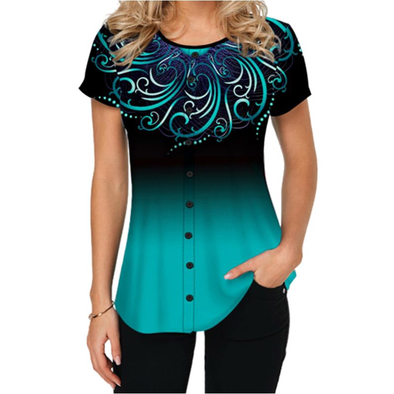 Women Short Sleeve 3D Gradient Print T Shirt 2020 New Summer Casual Loose Button Tshirts Fashion Female Tees Top Plus Size S-5XL