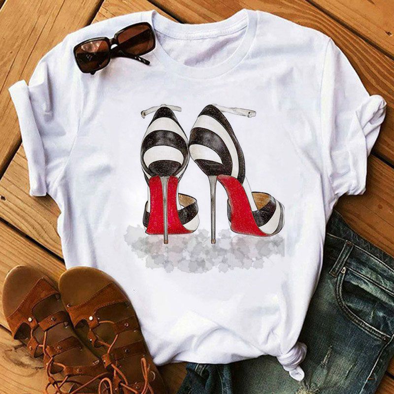 New Fashion Women T Shirt Red High Heels Shoes and Lipstick Print Tops T Shirt Female Harajuku Tops Tee 90s Ladies Tee Shirts T