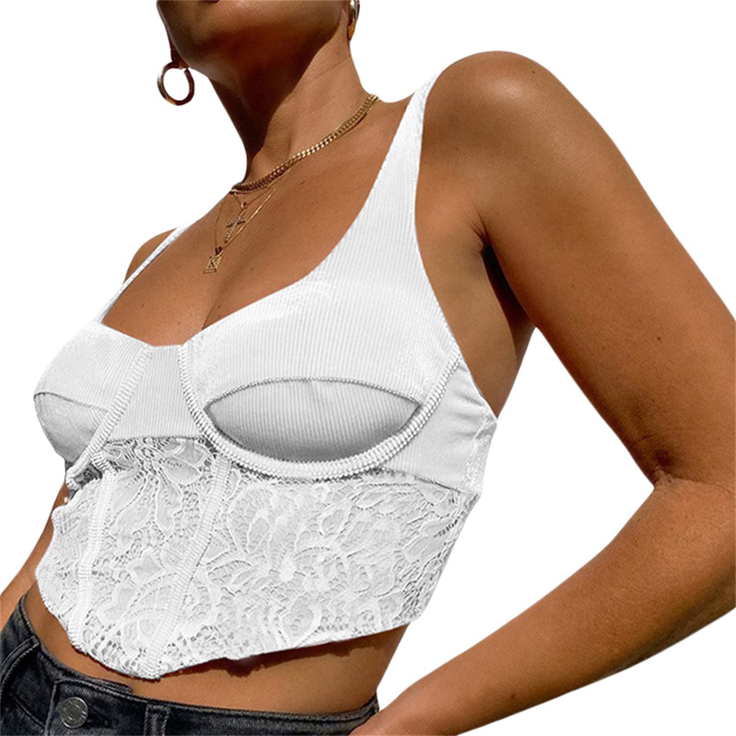 Women's Sleeveless Tank Tops, Solid Color Lace Patchwork Low-Cut Street Style Vest, Casual Simple Style Tops