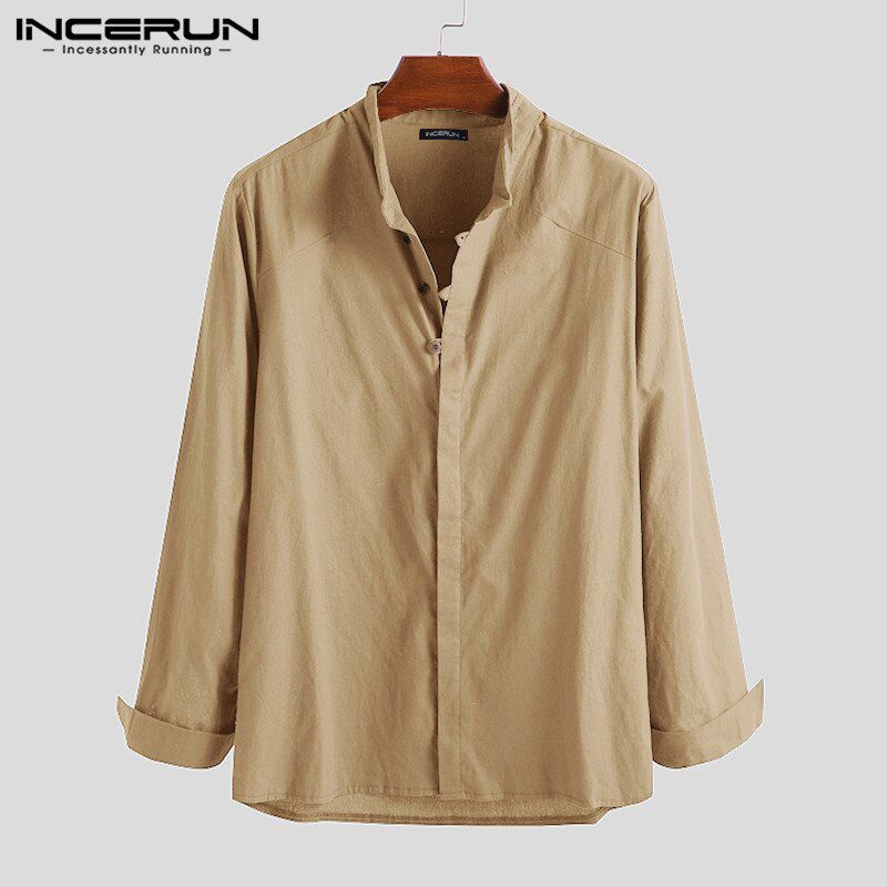 New Spring  Men Shirts Stand Collar Solid Long Sleeve Streetwear Fashion Business Brand Shirts Cotton Camisas Hombre INCERUN