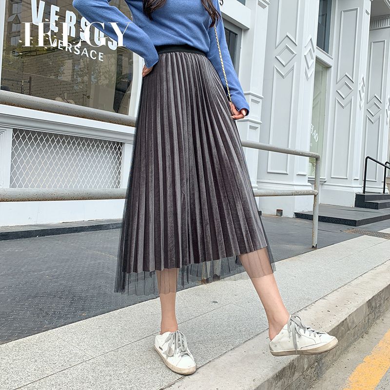 IELGY net yarn gold velvet skirt female large size mid-length pleated skirt a word skirt