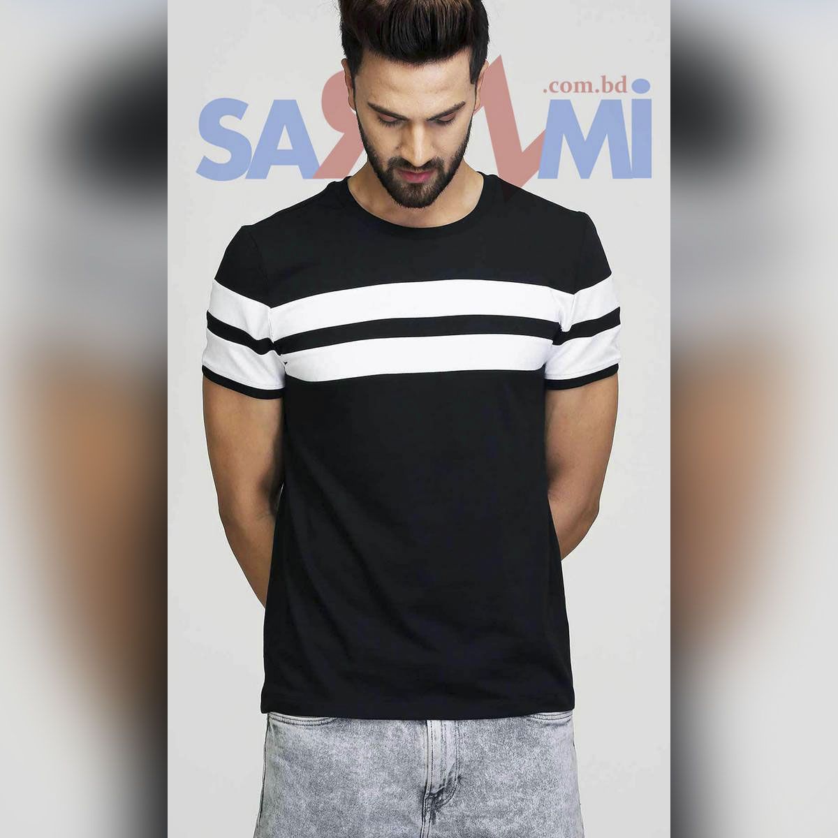 Black with White stripe Cotton Short Sleeve T-Shirt for Men