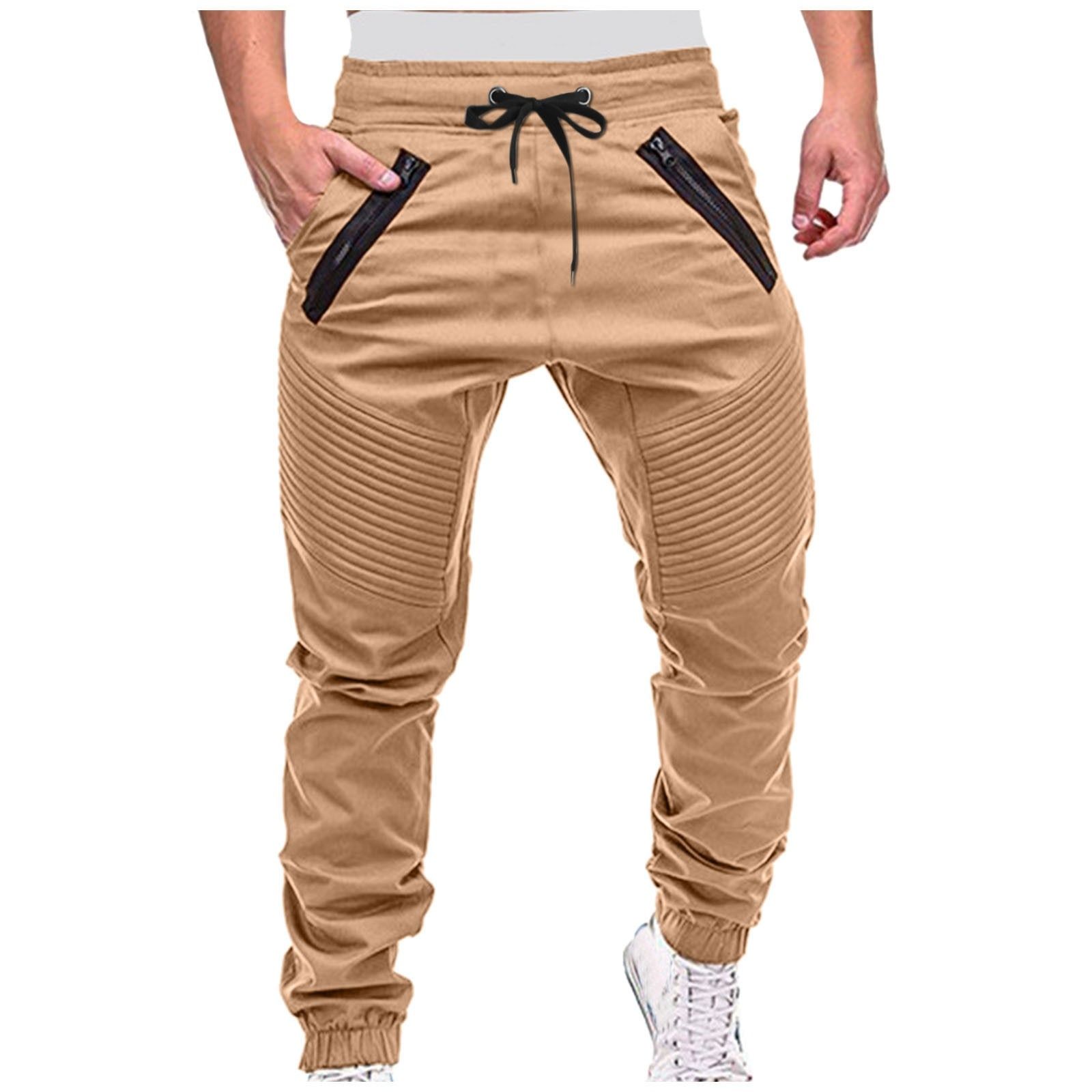 Men's Casual Mid-waist Pants Sports Drawstring Straight Pants With Zipper Pockets Loose Sweatpants Male Joggers