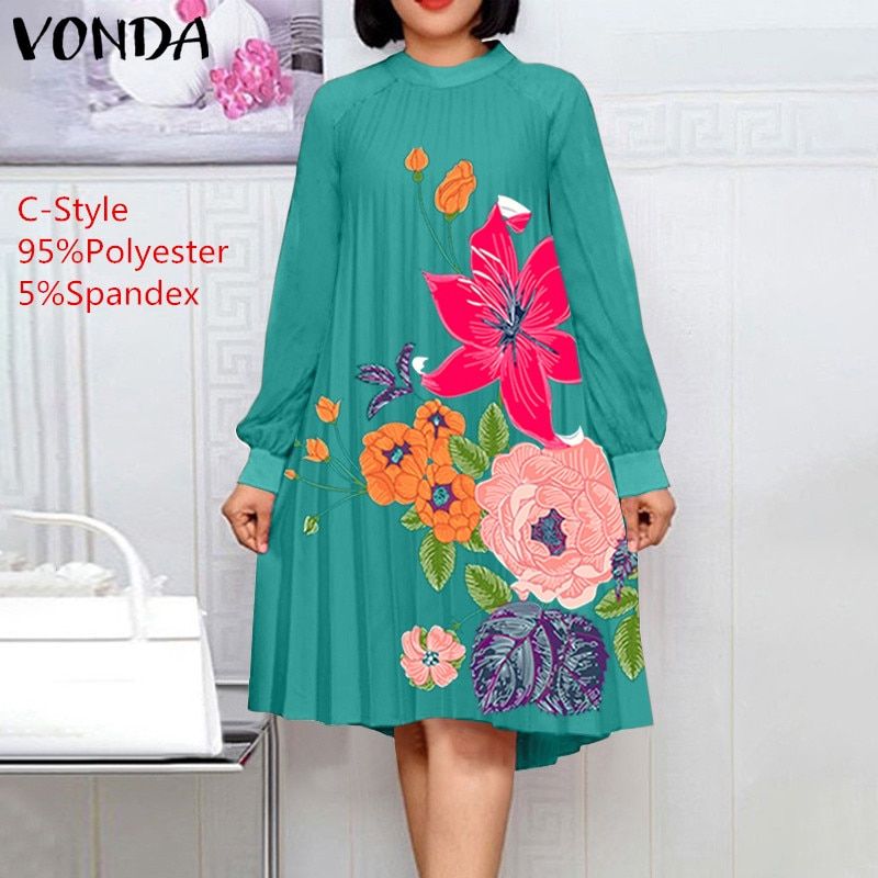 Elegant Women Party Dress 2021 VONDA  Vintage Printed Long Sleeve Midi Dress Casual Patchwork Bohemian Vestidos Oversized Robe