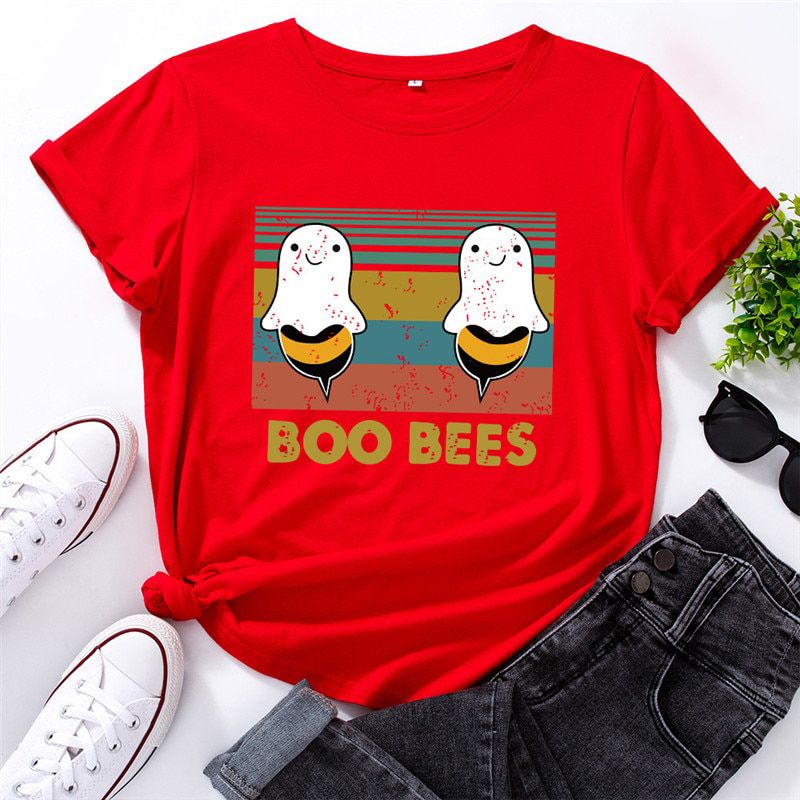 S-5XL Woman Tshirts Lovely BOO BEES Printed Shirts O Neck Short Sleeve Tees Summer T-Shirt 100%Cotton Women Shirt Tops Black