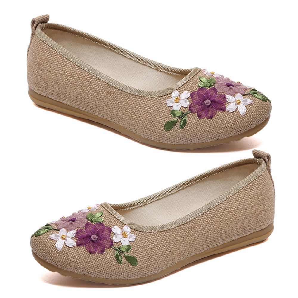 Vintage Embroidered Women Flats Flower Slip On Round Toe Shoes Loafers Ballerina