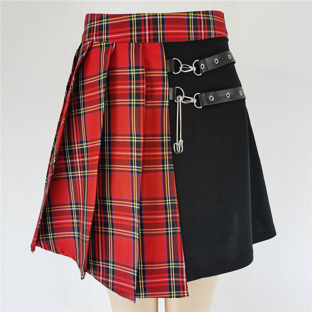 Womens Casual Mini Skirt All Match Women Short Skirt Tartan Red Pleated Skirts Streatwear plaid Side Button skirt
