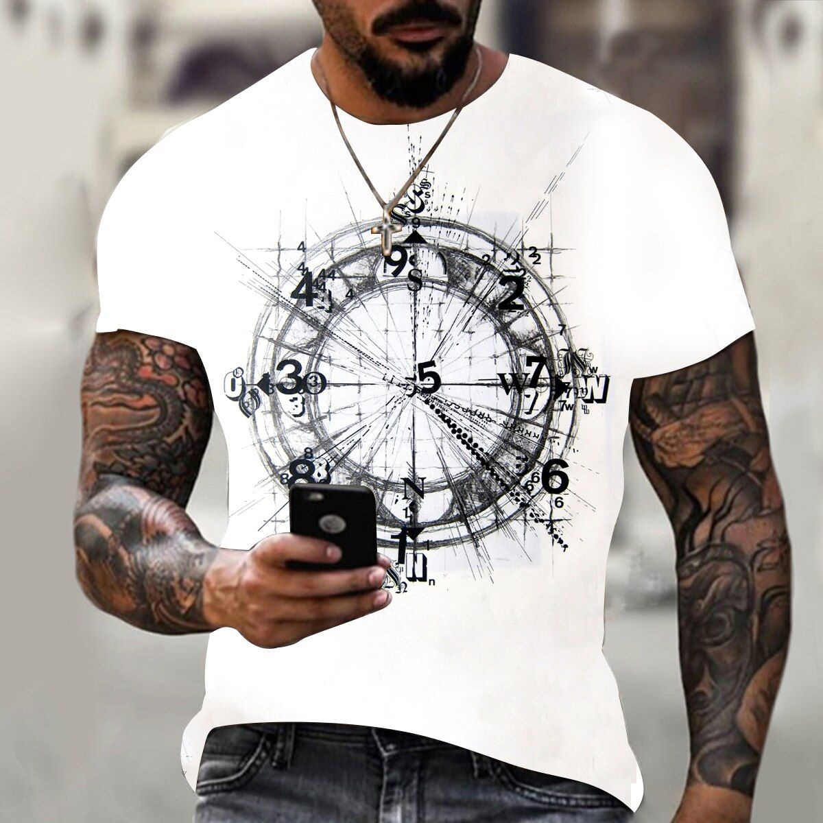 Summer fashion and handsome men's compass 3D printing T-shirt Summer -hop style T-shirt short-sleeved fashion str