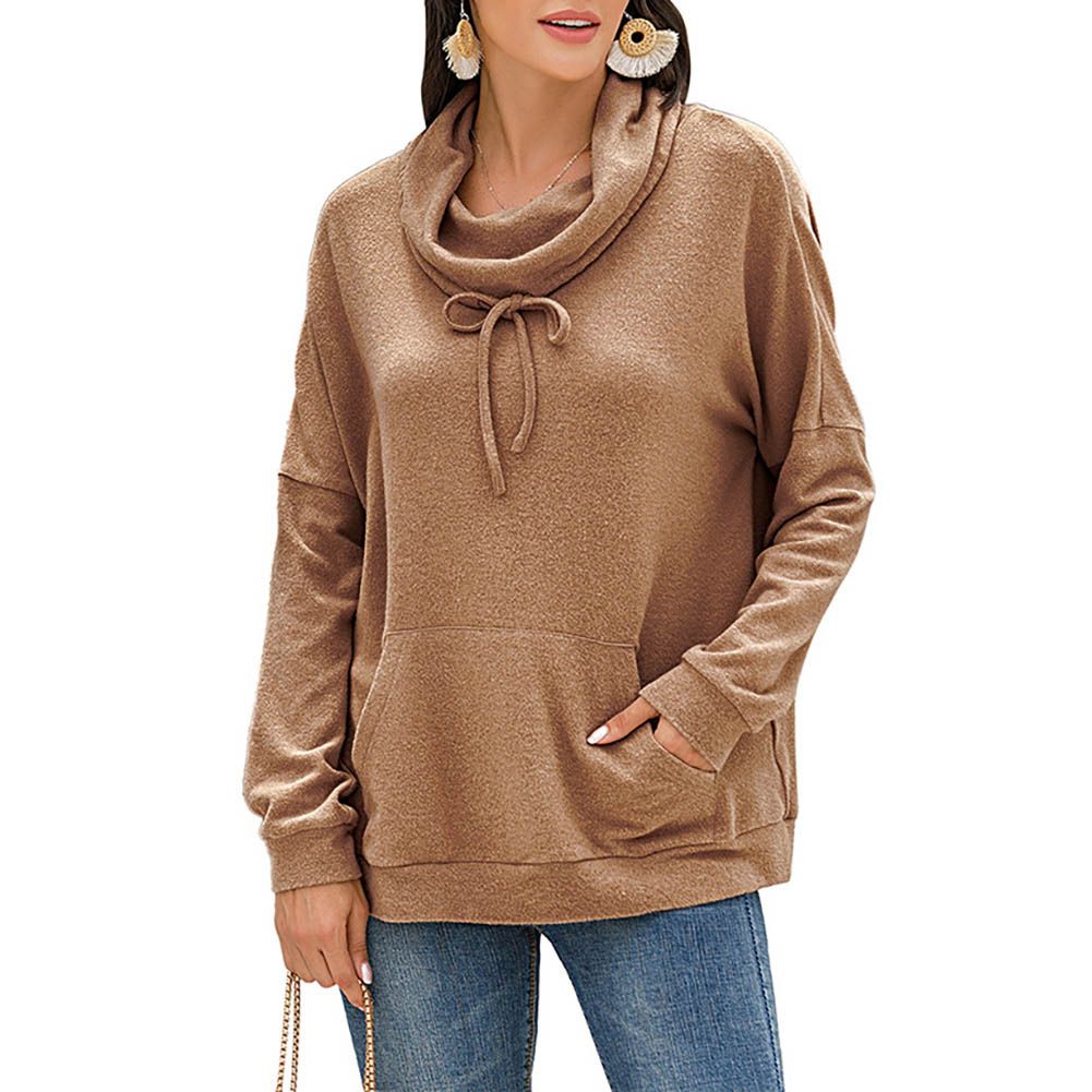 Women Faux Fleece Heap Collar Pocket Long Sleeve Sweatshirt Pullover Blouse