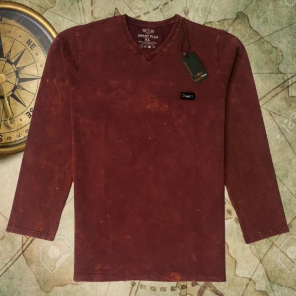 Slim-fit Stretchable Lycra Fabrics, Maroon Acid Printed V-neck Long-sleeve T-shirt For Men's.