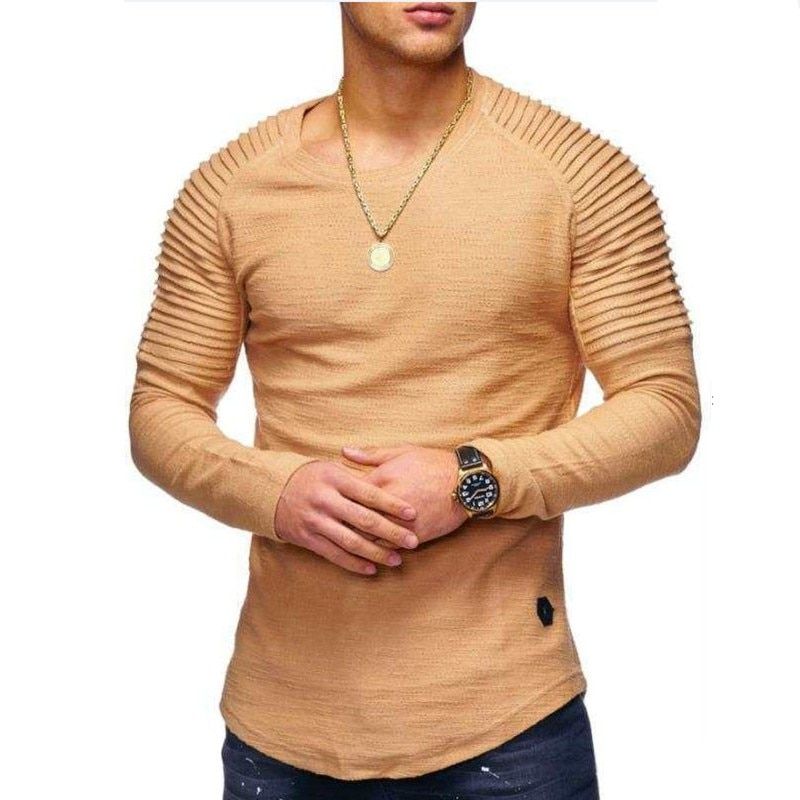 Solid Color Sleeve Pleated Patch Detail Long Sleeve T-Shirt Men Spring Casual Tops Pullovers Fashion Slim Basic Tops