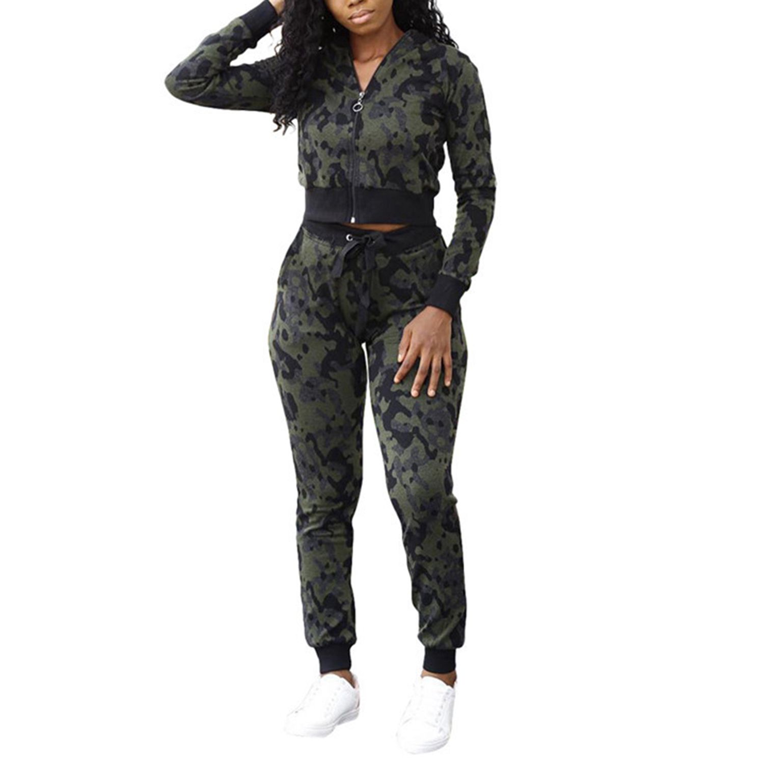 Women’s Two Piece Outfits, Long Sleeve Camouflage Zip Up Bomber Jacket and Long Pants Set Tracksuit