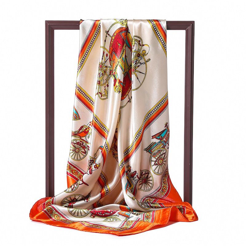 90*90cm Muslim Square Silk Scarf Women Chiffon Hijab Scarves Female Satin Print Shawls Wrap Hair Head Scarf Bandana Beach Pareo