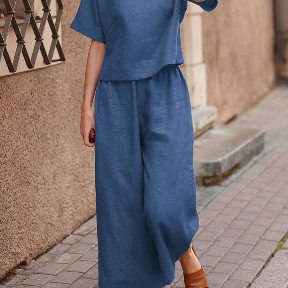 Yfashion 2pcs/set Women Loose Cotton Linen  Set emperament Solid Color Round Neck Elastic Waist Short-sleeved ops+ Wide-leg Pants Suit color:een size:M