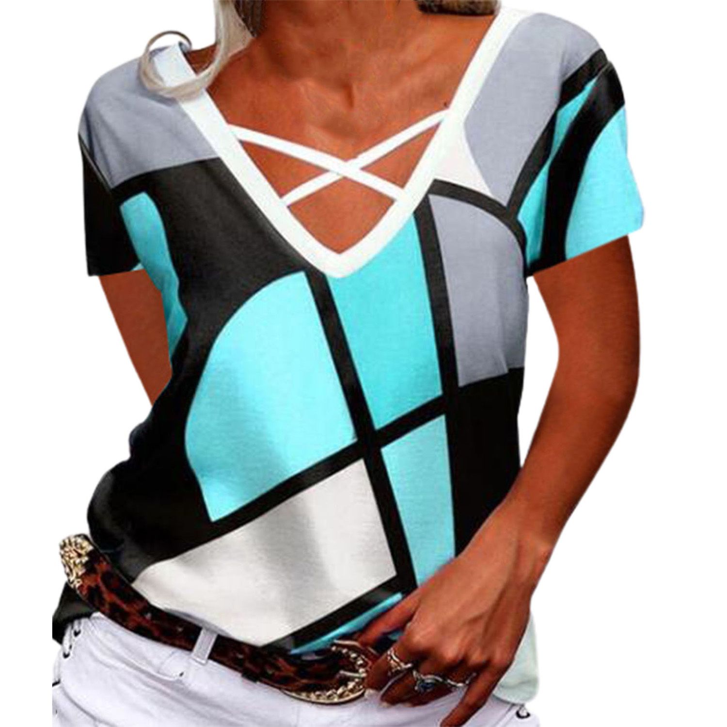 Casual T-shirt Elastic Ceometry Pattern Fashion Women T-shirt