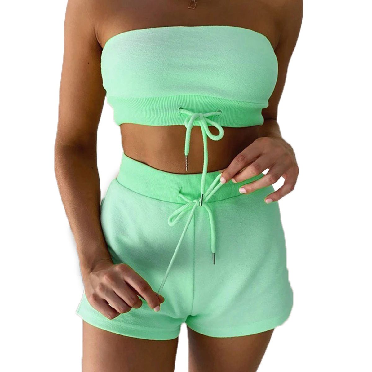 2021 Women Casual Two Piece Suit  Short Style Tube Top Fashion Drawstring High Waist Short Pants