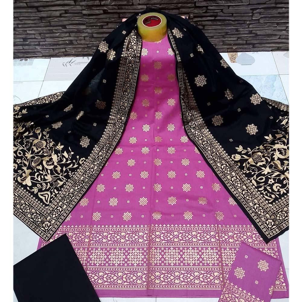 Unstitched Light Violet and Black Cotton Salwar Kameez for Women