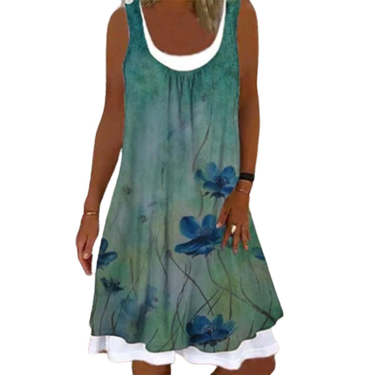 Summer Dress Floral Print Fake Two-piece Women Round Neck Sleeveless Mini Dress for Date