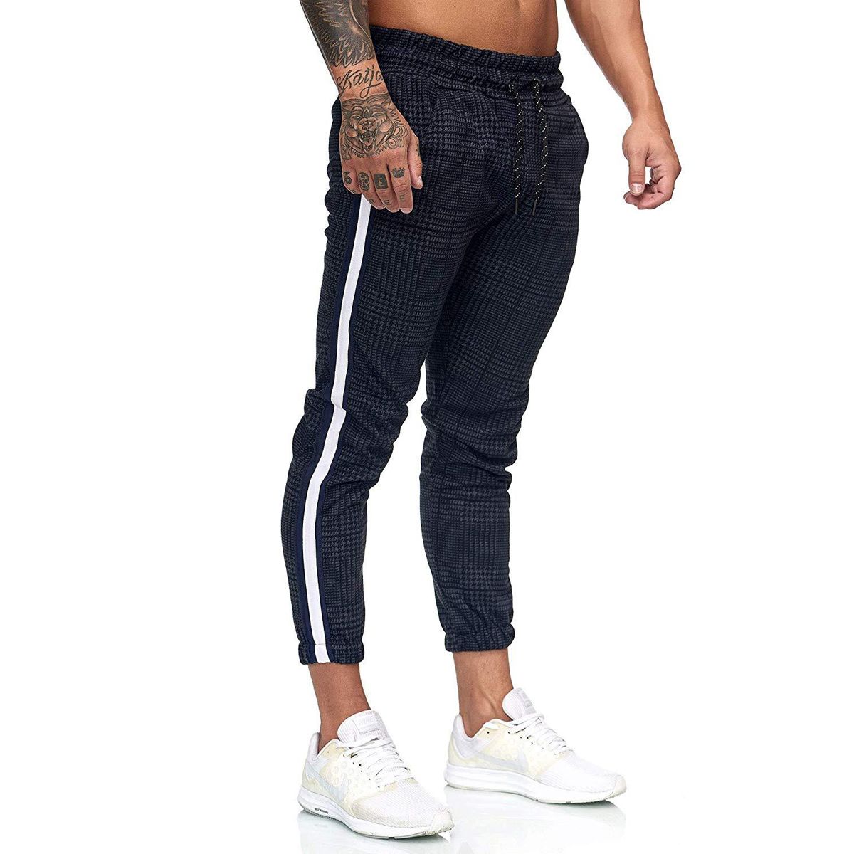 Men's Stripe Pants Casual Loose Pencil Pants Men's Slim Fit Plaid Side Stripe Skinny Trousers Jogger Casual Pants