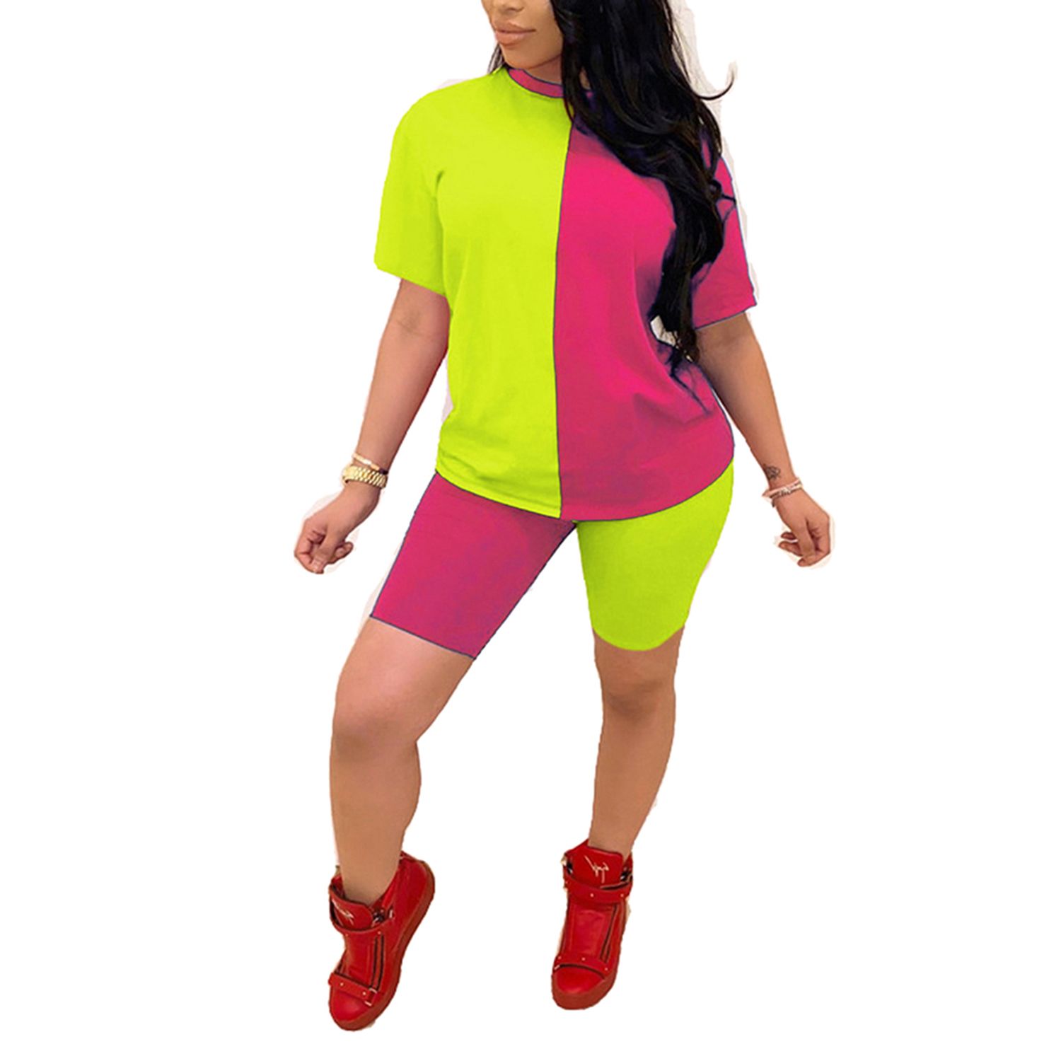 Women Fashion 2-piece Outfit Set Short Sleeve Color Block Top and Shorts Set Sports Suit