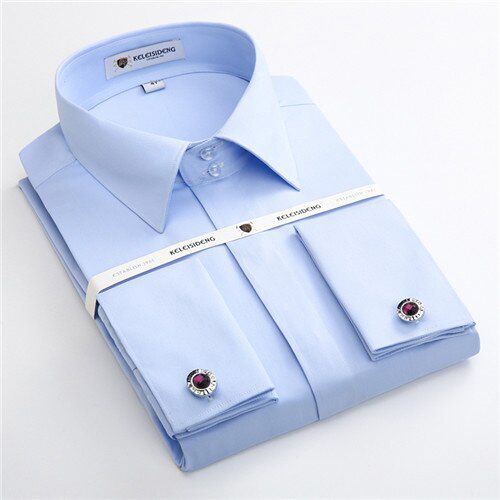 France Cufflinks men's Dress shirts cover button long sleeve Slim Fit soft formal male Tuxedo shirt social pocketless Easy Care
