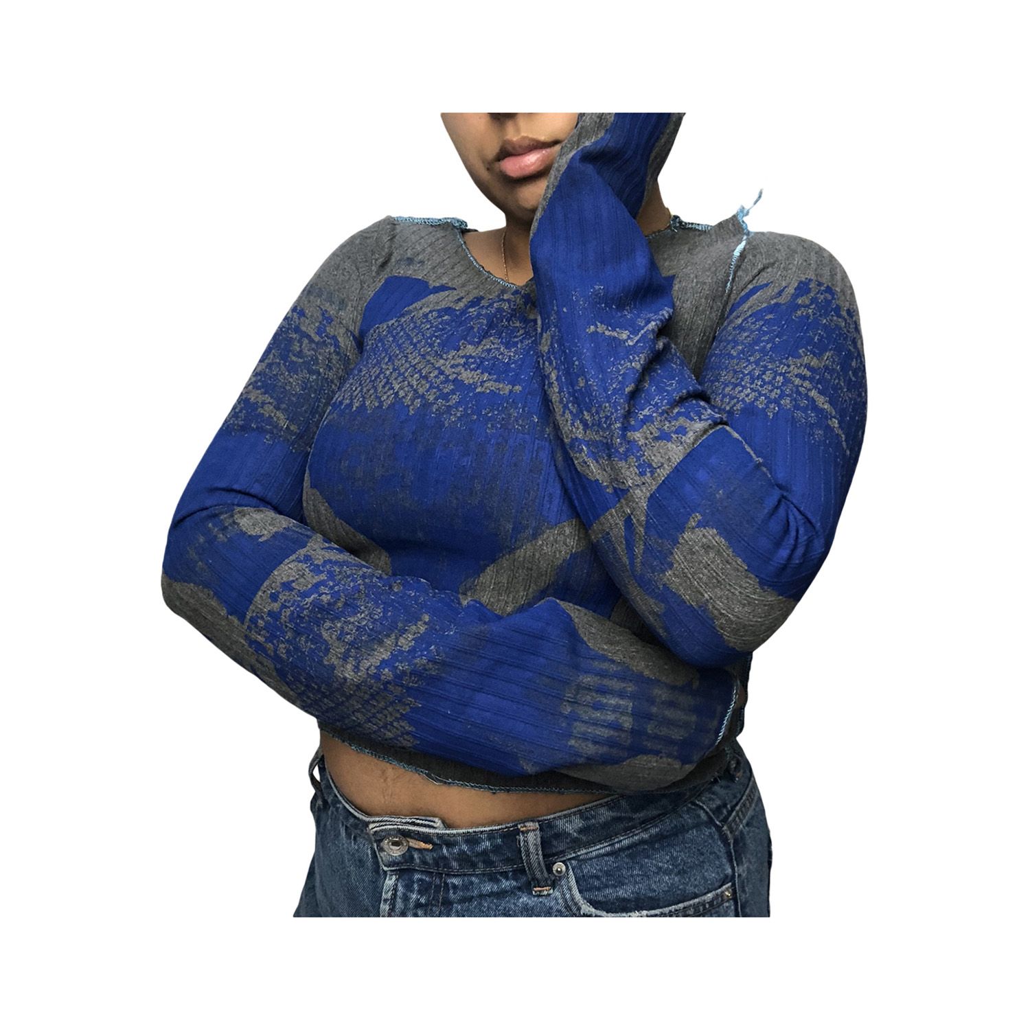 Women's Abstract Print Crop Tops, Long Sleeve Crew Neck Slim Fit Rib Knit Shirts