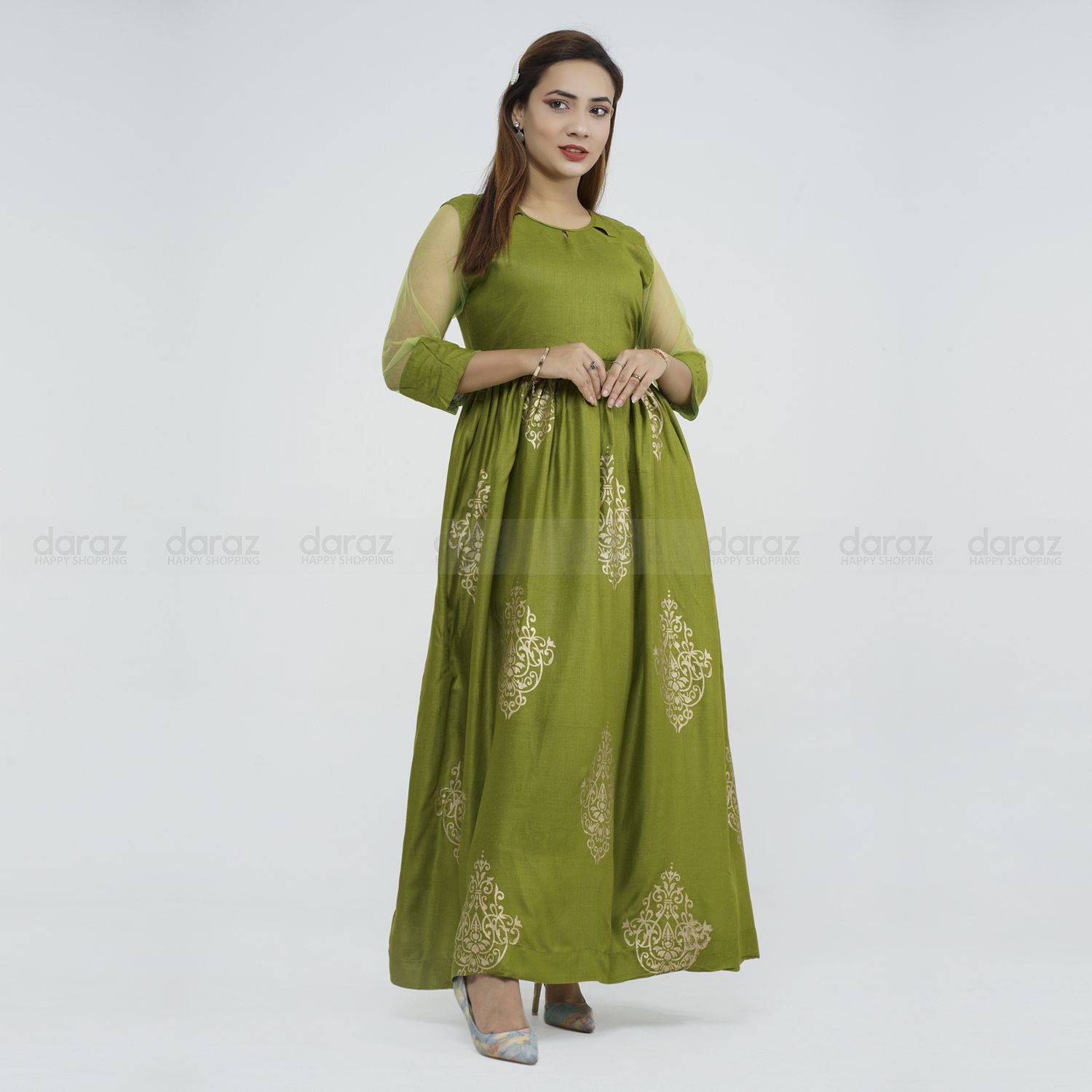 New Exclusive Ready made printed With Net Sleeve linen kurti for woman-2