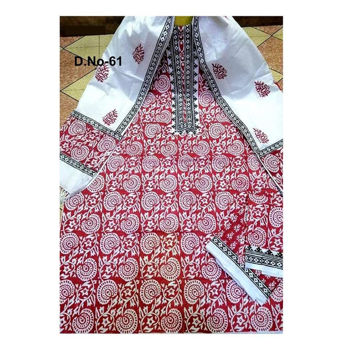 Unstitched White and Red Cotton Salwar Kameez for Women
