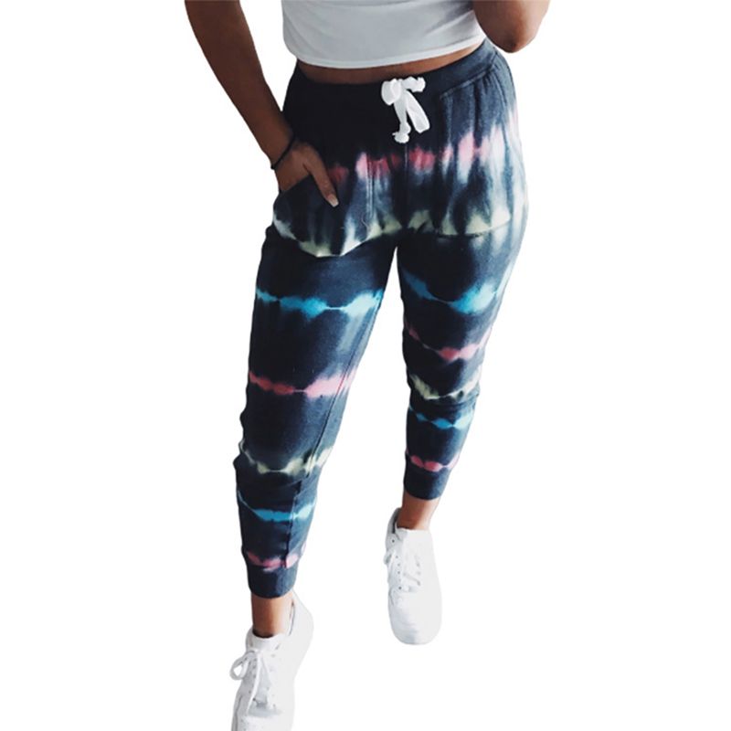 Women's Lace-up Sports Pants Summer Fashion Striped Tie-dyed Print Slim-fit Casual Trousers with Pockets