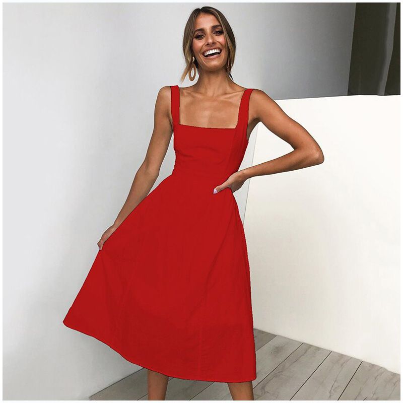 Lossky Casual Solid Dress Women Midi Long Summer Backless Slip Dresses Ruched Fashion Elegant Party Clothes Leisure