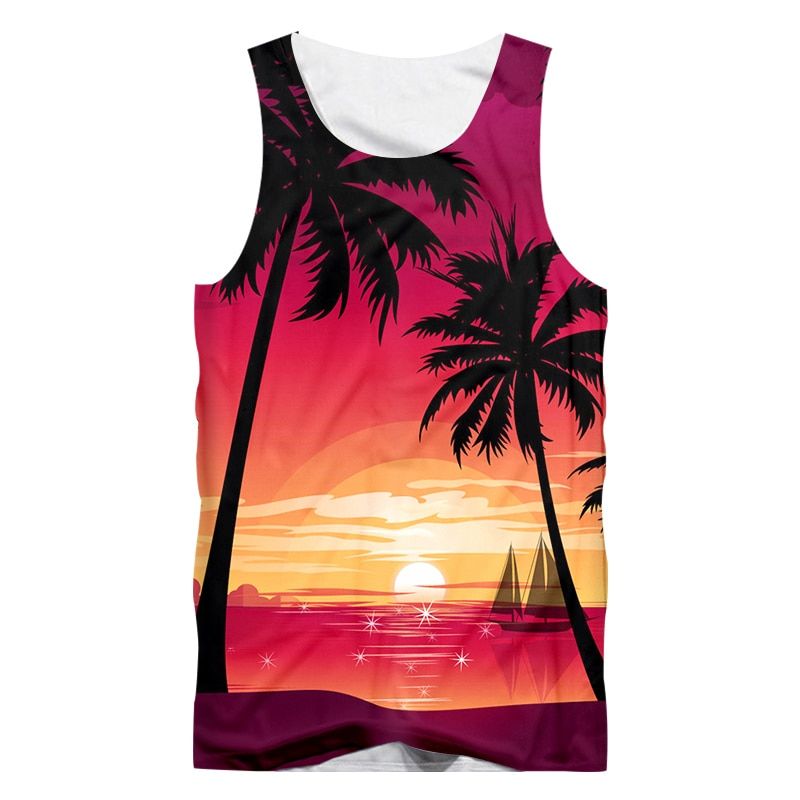 New Vest Men's Fashion Casual 3D Hawaiian Print Sunset Beach Sleeveless Quick Dry Top Women's Hawaiian Vest Oversized